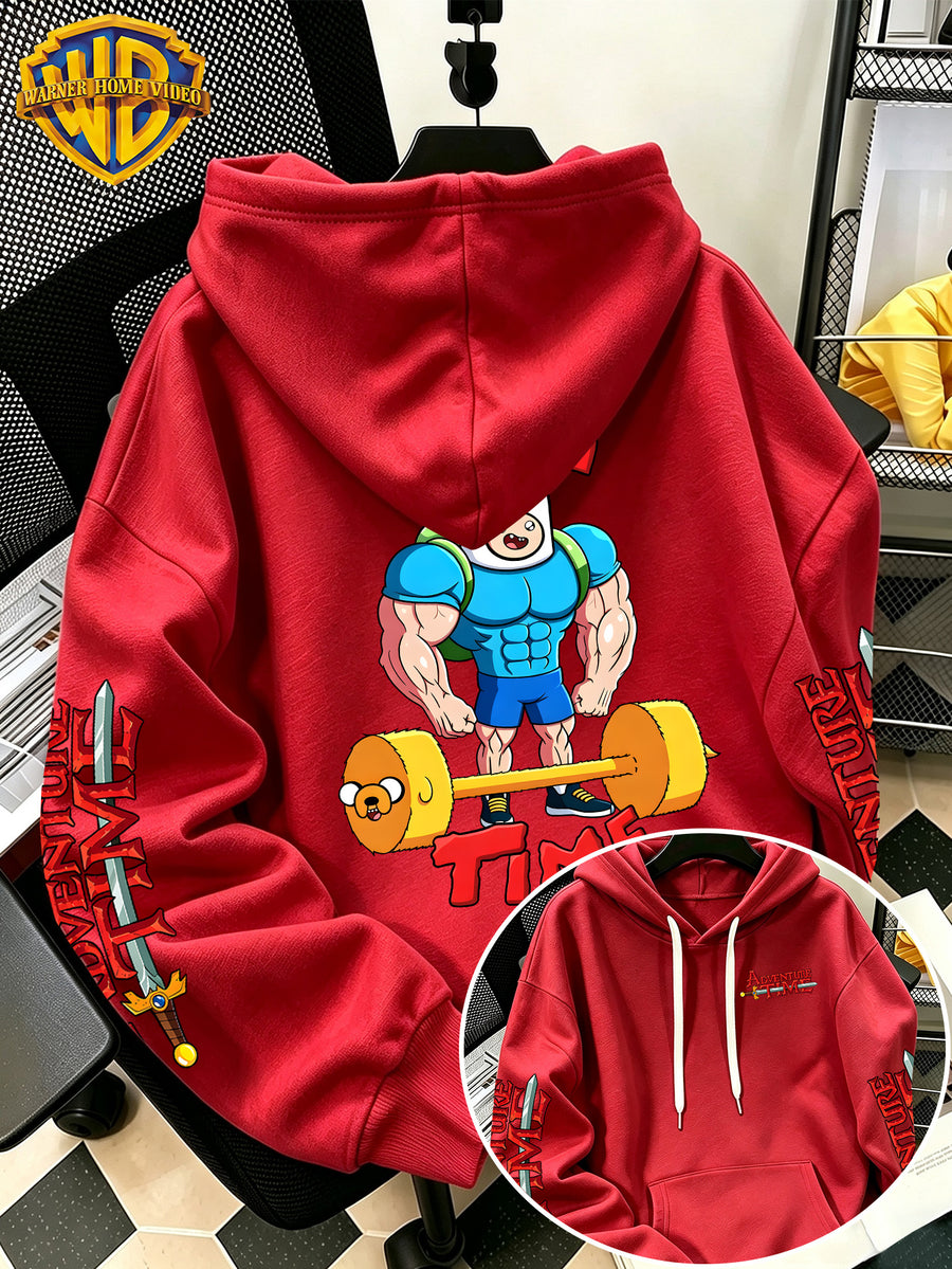 Warner Bros Official Adventure Time Finn and Jake Fitness Barbell Print Hooded Sweatshirt - Men's Casual Versatile Sweatshirt, Comfortable Autumn/Winter Wear, Ideal for Sports, Outdoor Activities, Outings, Travel, and Daily/Commute/Home Use - Red