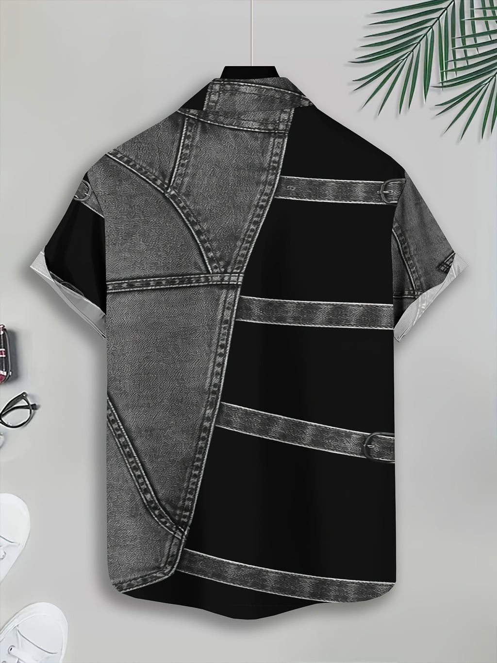 [Print Design – Not Textured/Embroidery/Sequins/Flat Print T-Shirt, No Additions/White Sheer] Imitation Faux Denim Patch Black Block Contrast Style Men'S Casual Shirt, Summer Bold Contrast Patchwork - Mixed Color 1