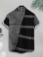 [Print Design – Not Textured/Embroidery/Sequins/Flat Print T-Shirt, No Additions/White Sheer] Imitation Faux Denim Patch Black Block Contrast Style Men'S Casual Shirt, Summer Bold Contrast Patchwork - Mixed Color 1