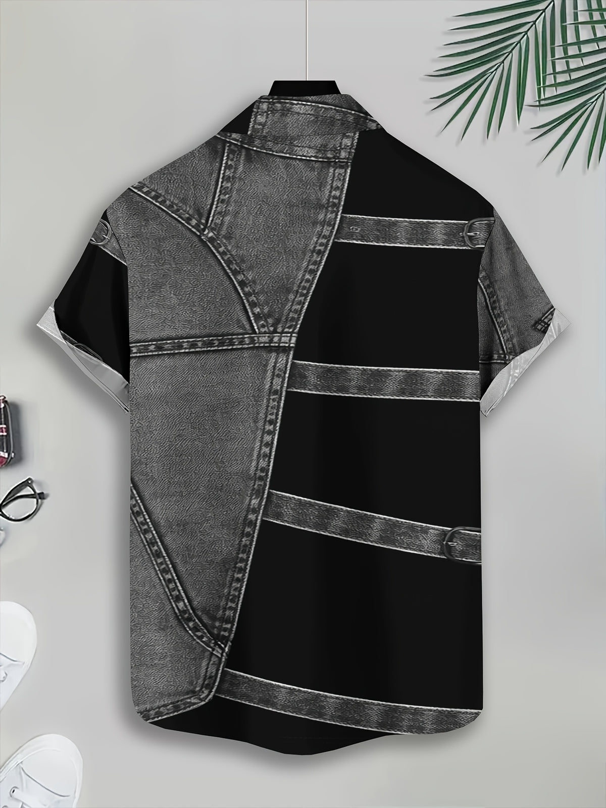 [Print Design – Not Textured/Embroidery/Sequins/Flat Print T-Shirt, No Additions/White Sheer] Imitation Faux Denim Patch Black Block Contrast Style Men'S Casual Shirt, Summer Bold Contrast Patchwork - Mixed Color 1