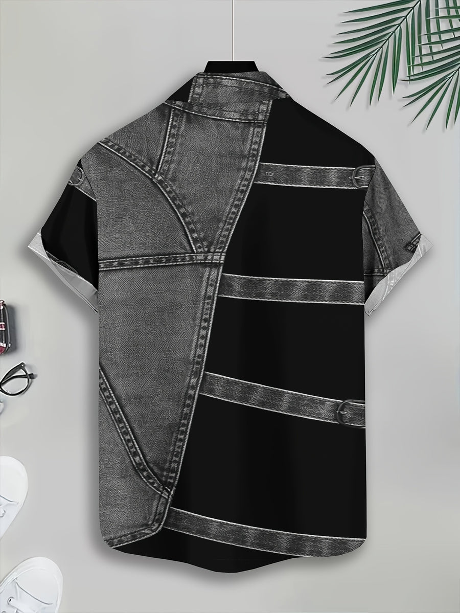 [Print Design – Not Textured/Embroidery/Sequins/Flat Print T-Shirt, No Additions/White Sheer] Imitation Faux Denim Patch Black Block Contrast Style Men'S Casual Shirt, Summer Bold Contrast Patchwork - Mixed Color 1