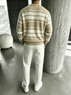Men's Striped Crewneck Long-sleeve Knit Top, Comfortable, Breathable, and Lightweight, Suitable for Casual Wear, Vacations, and Valentine's Day - Khaki