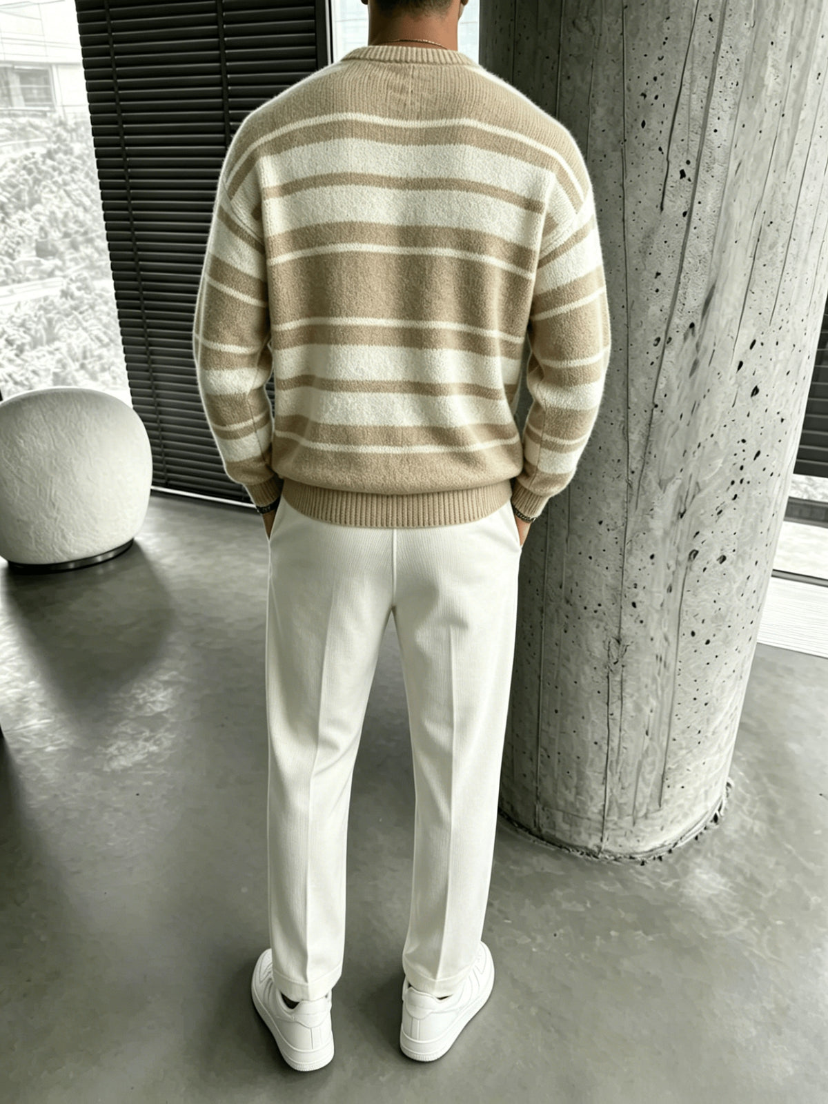 Men's Striped Crewneck Long-sleeve Knit Top, Comfortable, Breathable, and Lightweight, Suitable for Casual Wear, Vacations, and Valentine's Day - Khaki