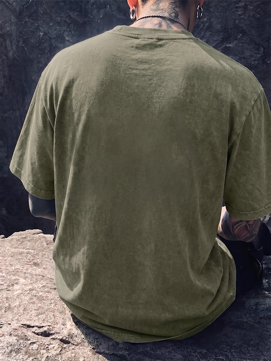 Men's Short-Sleeve T-Shirt, Pure Cotton Loose Fit Washed Distressed Top, Small Phoenix Compass Print, Trendy Print, 12 Colors for Mix and Match, American Street Style High Street Hip-Hop Couple's Outfit for Daily Streetwear, Commuting - Military Green