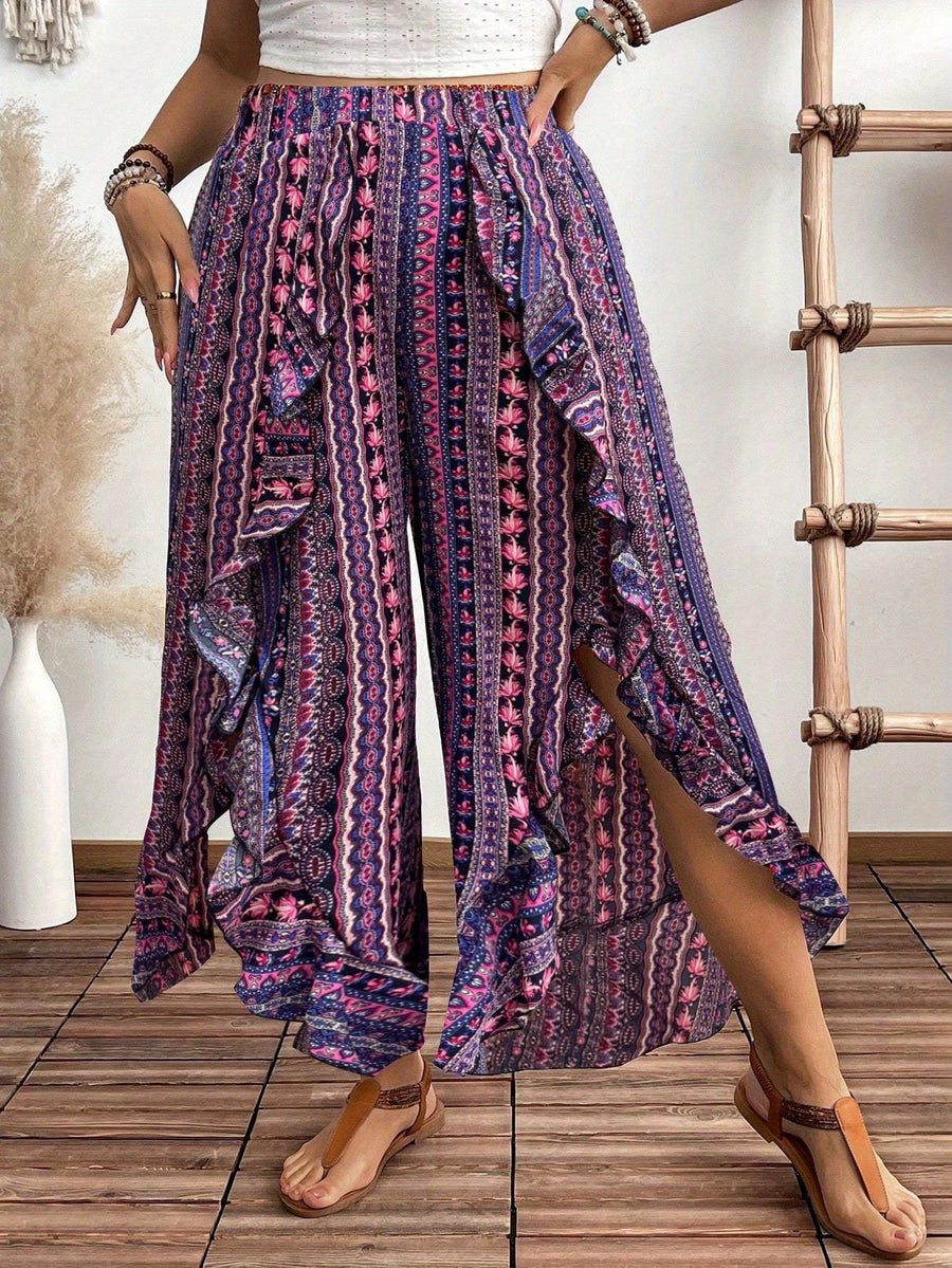 Women's Wide-Leg Ruffle Hem Bell-Bottom Pants with Ethnic/Boho Print - Elastic-Free Trousers for Spring Summer Resort Wear, Machine Washable (Suitable for bohemian, Mediterranean, Asian styles) - Mixed colors