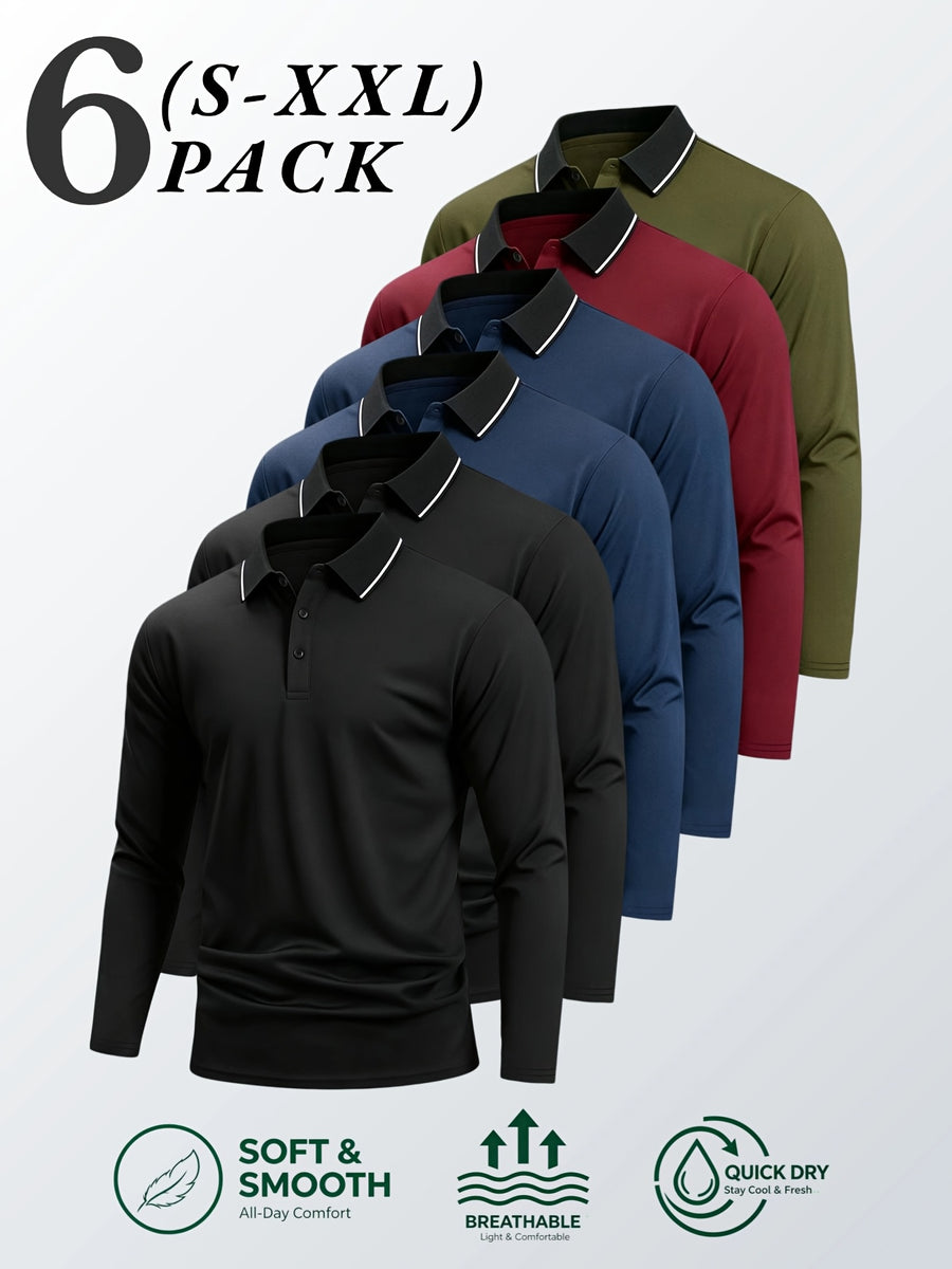 6pcs/Set Striped Lapel Long Sleeve Casual Sports Mesh Quick-Dry Breathable Comfortable POLO Shirt Basic Solid Color - Black 2 + Navy Blue 2 + Red + Green