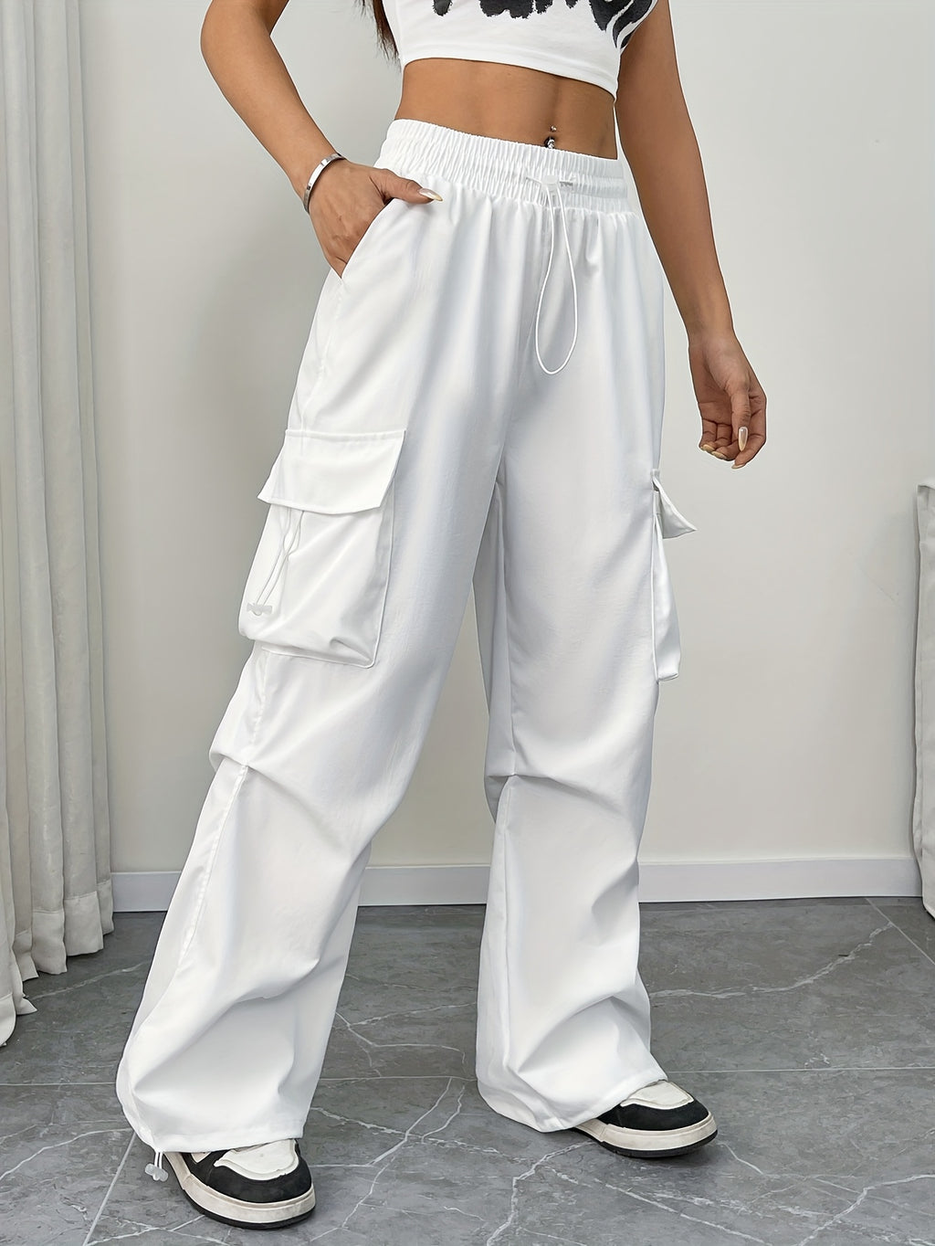 American Style Quick-Dry Cargo Pants Women'S Summer New American Parachute Trousers High-Waist Wide-Leg Casual Drawstring Pants - White