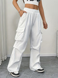 American Style Quick-Dry Cargo Pants Women'S Summer New American Parachute Trousers High-Waist Wide-Leg Casual Drawstring Pants - White