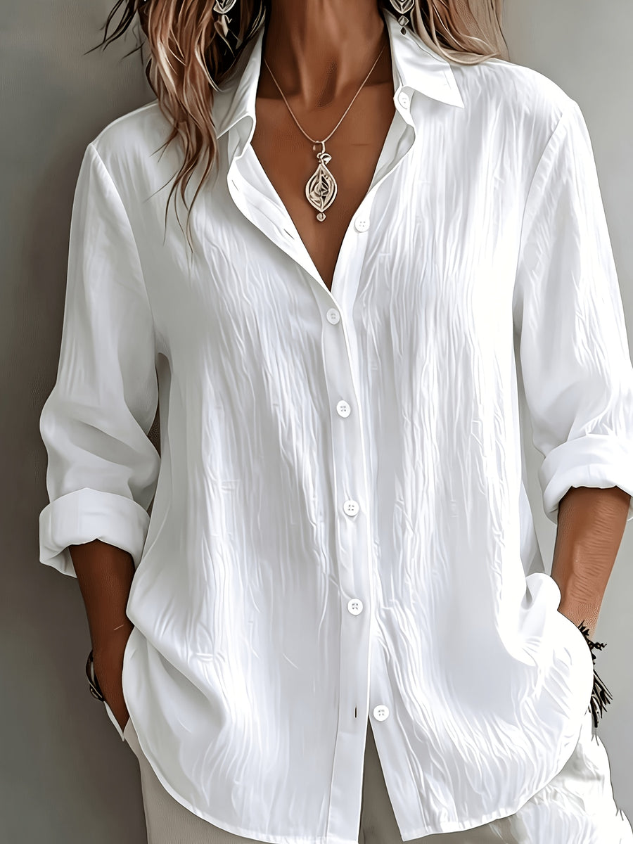 Elegant Vacation Style V-Neck, Loose Relaxed Linen Texture Shirt, Commute Style, Casual And Artistic, And Enhances Silhouette for Daily Use, Loose And Flowing, Breathable Shirt, Comfortable And Relaxed Style - White
