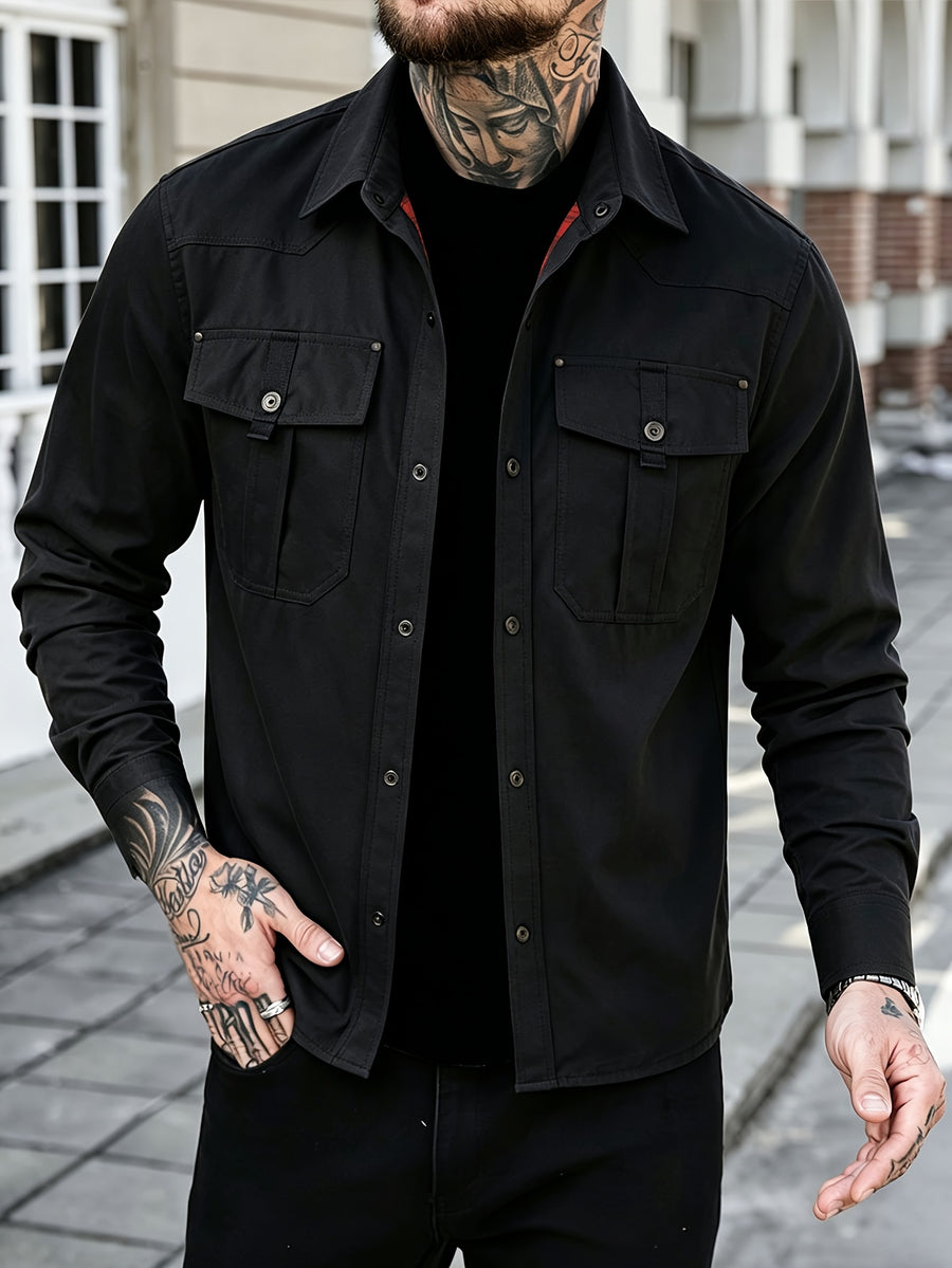Men's Spring-autumn Casual Jacket Shirt with Checked Lining. Multi-pocket Design. A Simple and Versatile Plain-colored Coat That Is Suitable for Daily Outings, Sports, Outdoor Activities, Vacation Trips or Traveling. - Black
