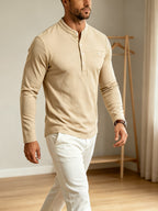 Men Spring Autumn Textured Mandarin Collar Henley 5-button Long Sleeve Top. Slim Soft Breathable Wrinkle-resistant Long Tee for Daily Business Commute & Casual Wear. - Apricot