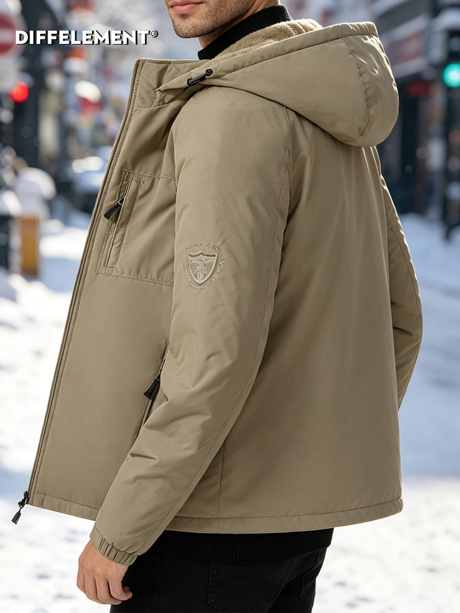 Men'S Fleece-Lined Hooded Winter Jacket, Thermal Warm Windproof Cold-Resistant Coat, Regular Fit Adjustable Hood Outerwear for Snow Skiing, Hiking, Daily Winter Commute with Multi-Zipper Pockets, Adjustable Cuffs & Embroidered Badge Logo - Khaki