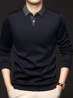 Men's Autumn/Winter 2-in-1 Look Polo Sweatshirt, Pullover Top, Business Casual, Daily Outings, Versatile and Durable, Warm and Comfortable, Ideal Gift Choice - Deep Navy Blue
