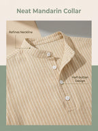 Josh Rose OBM 2pcs Men's Henley Shirts, Men's Summer Short Sleeve Regular Fit, Lightweight and Breathable, 95% Linen, Solid and Striped in Black and White, Features 4 Buttons, Suitable for Summer Daily Work, Casual, and Vacation Occasions - Khaki+White