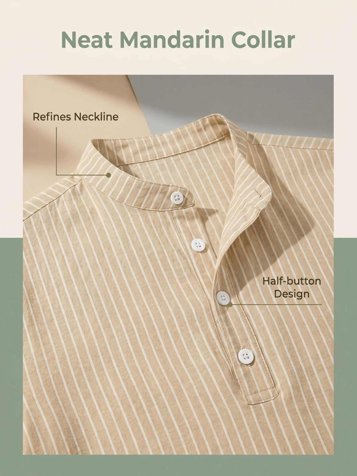 Josh Rose OBM 2pcs Men's Henley Shirts, Men's Summer Short Sleeve Regular Fit, Lightweight and Breathable, 95% Linen, Solid and Striped in Black and White, Features 4 Buttons, Suitable for Summer Daily Work, Casual, and Vacation Occasions - Khaki+White