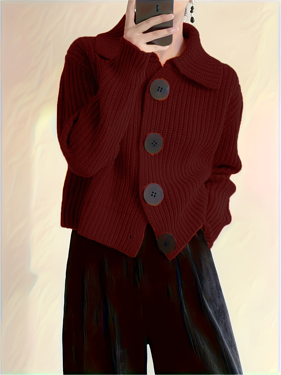 Solid Color Button-Front Cardigan, Korean Style Short Outerwear, Elegant for Vacation, Daily Commute - Deep Red