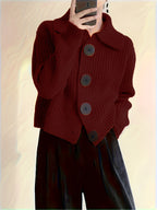 Solid Color Button-Front Cardigan, Korean Style Short Outerwear, Elegant for Vacation, Daily Commute - Deep Red