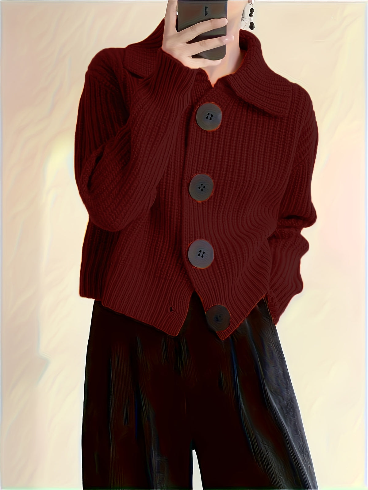 Solid Color Button-Front Cardigan, Korean Style Short Outerwear, Elegant for Vacation, Daily Commute - Deep Red