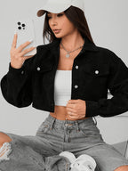 Women'S Lapel Collar Corduroy Jacket | Casual Style, Solid Color, Short Length, Long Sleeve, Button Details For Spring/Fall - Black