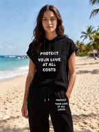 Women'S Two-Piece Drawstring Sleeveless Hooded Top And Summer Letter Print Pants, Elastic Waist Casual Pants, Pants Set - Black
