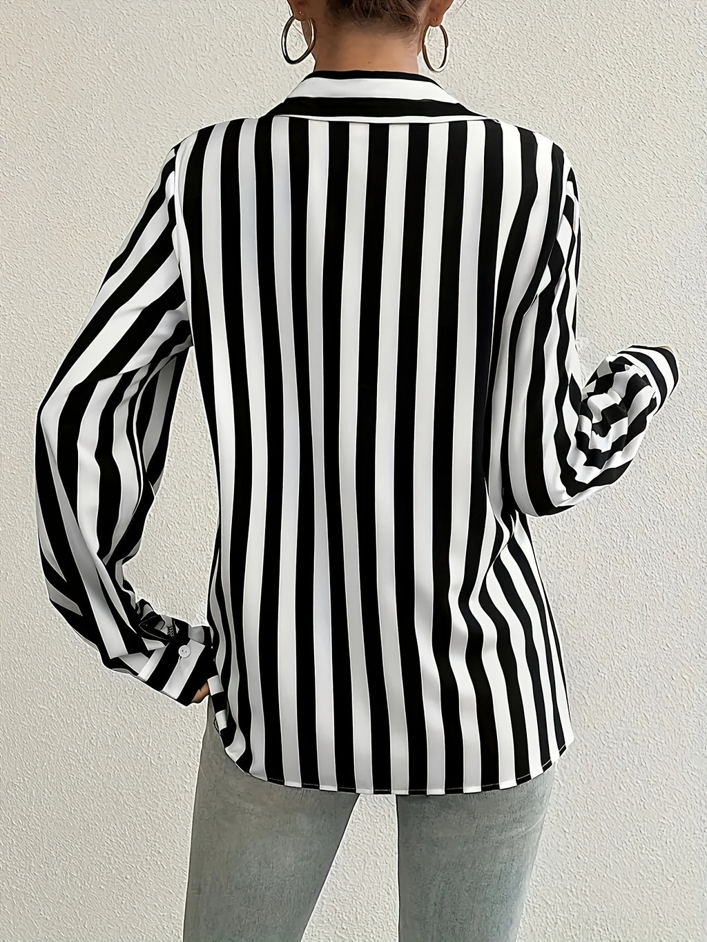 Women's Striped Button-front Shirt, Casual Long-sleeve Lapel Shirt - White