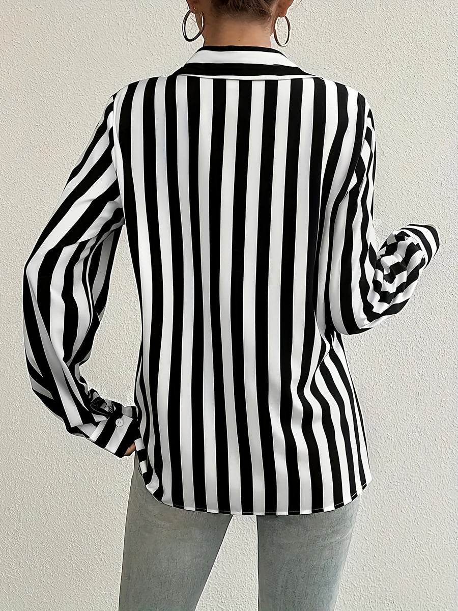 Women's Striped Button-front Shirt, Casual Long-sleeve Lapel Shirt - White