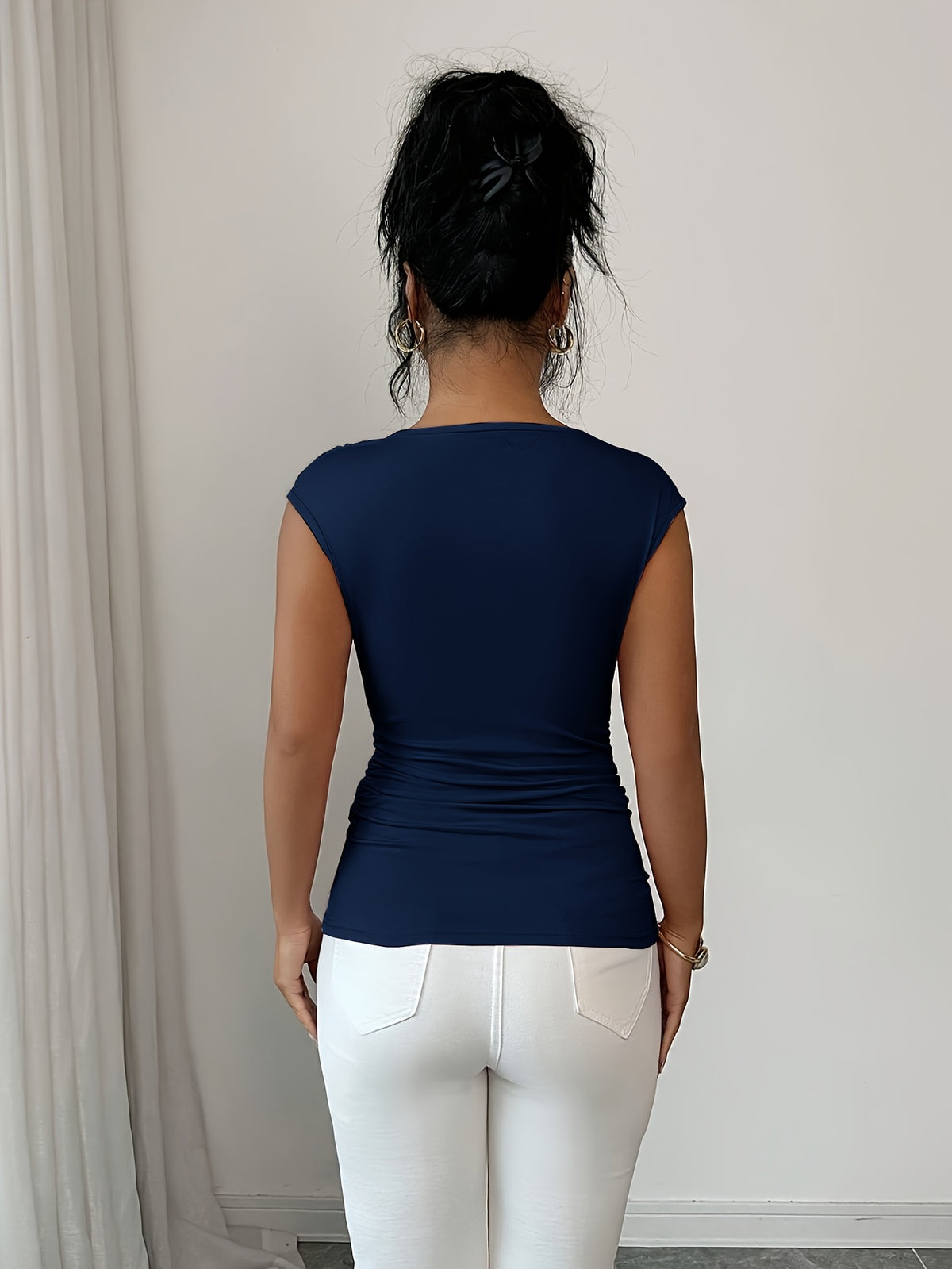 Spring/Summer Fashionable and Elegant Ruffle Pleat Collar Daily Casual T-Shirt - Blue