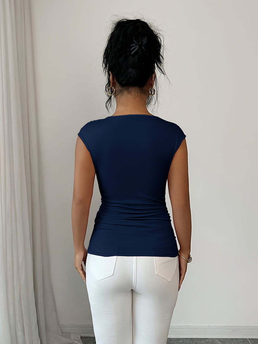 Spring/Summer Fashionable and Elegant Ruffle Pleat Collar Daily Casual T-Shirt - Blue