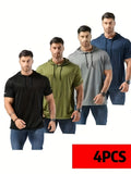 A Set of Four Men'S Regular Solid Color Hoodies, Casual And Breathable with Drawstring Short Sleeves - Black, Army Green, Gray, Navy Blue