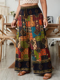 Plus Size, Plus Size Women's Printed Pleated Waist Drawstring High-Waist Wide-Leg Pants, Summer Solstice Plus Size Pants - Multicolor