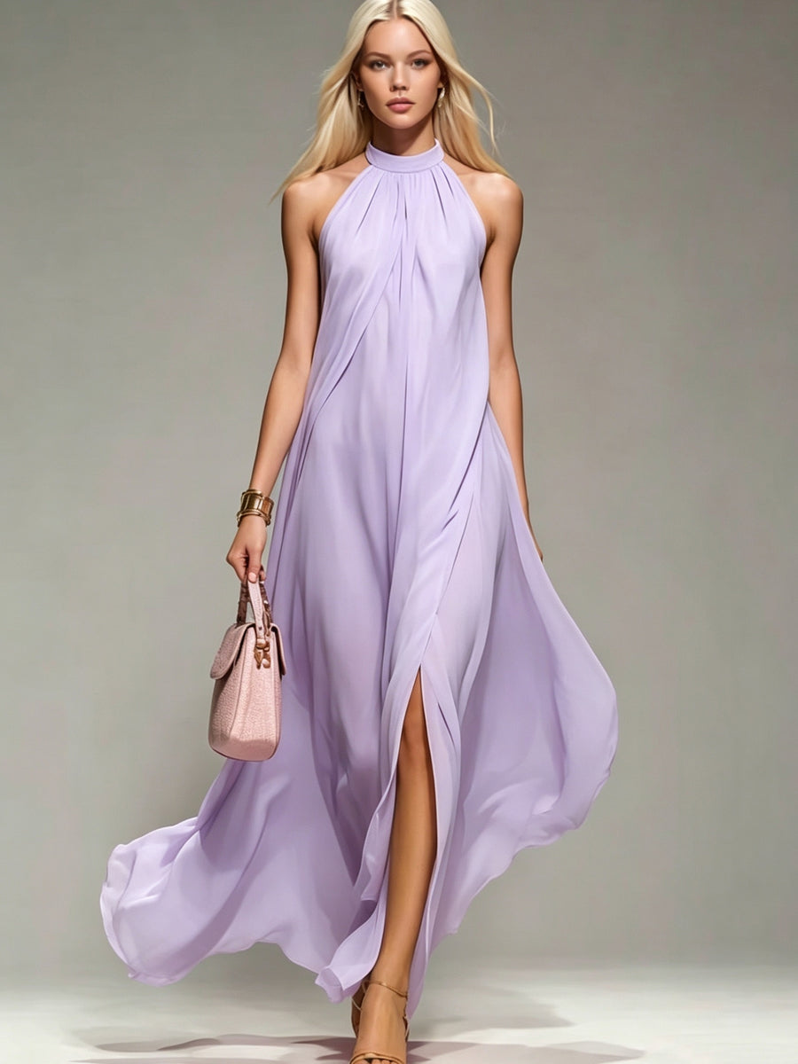 New Spring/Summer 2026 Small Round Neck Fashionable Split Versatile Women's Dress - Purple