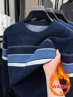 Minimalist Urban -Lined Crewneck Knit Sweater for Warm Daily Commuting - Blue