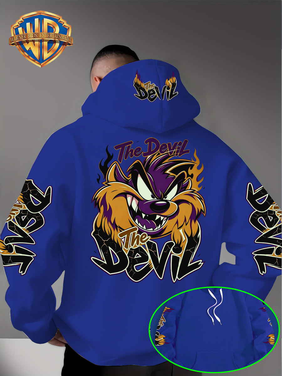 Le Yitong Big Mouth Monster The Devil Flame Print Hooded Sweatshirt, with Sleeve Print Design, Kangaroo Pouch And Drawstring Hood, Suitable for Autumn/Winter Casual Wear And Outdoor Activities - Blue