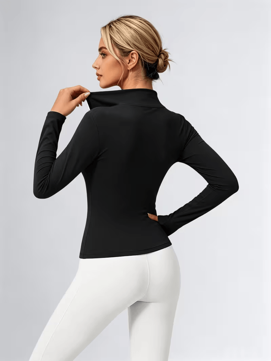 Women'S Solid Color Half-Zipper Long Sleeve Top, Waist-Cinching Warm T-Shirt - Black