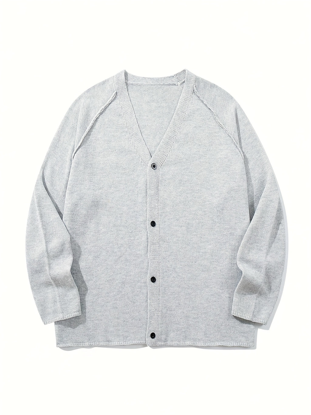 New Men's Casual Loose V-Neck Sweater, Button-Up Simple Solid Color Hand-Knitted Unisex Long Sleeve Fabric Cardigan Jacket - Grey