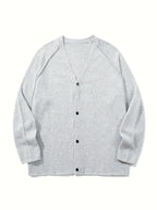 New Men's Casual Loose V-Neck Sweater, Button-Up Simple Solid Color Hand-Knitted Unisex Long Sleeve Fabric Cardigan Jacket - Grey