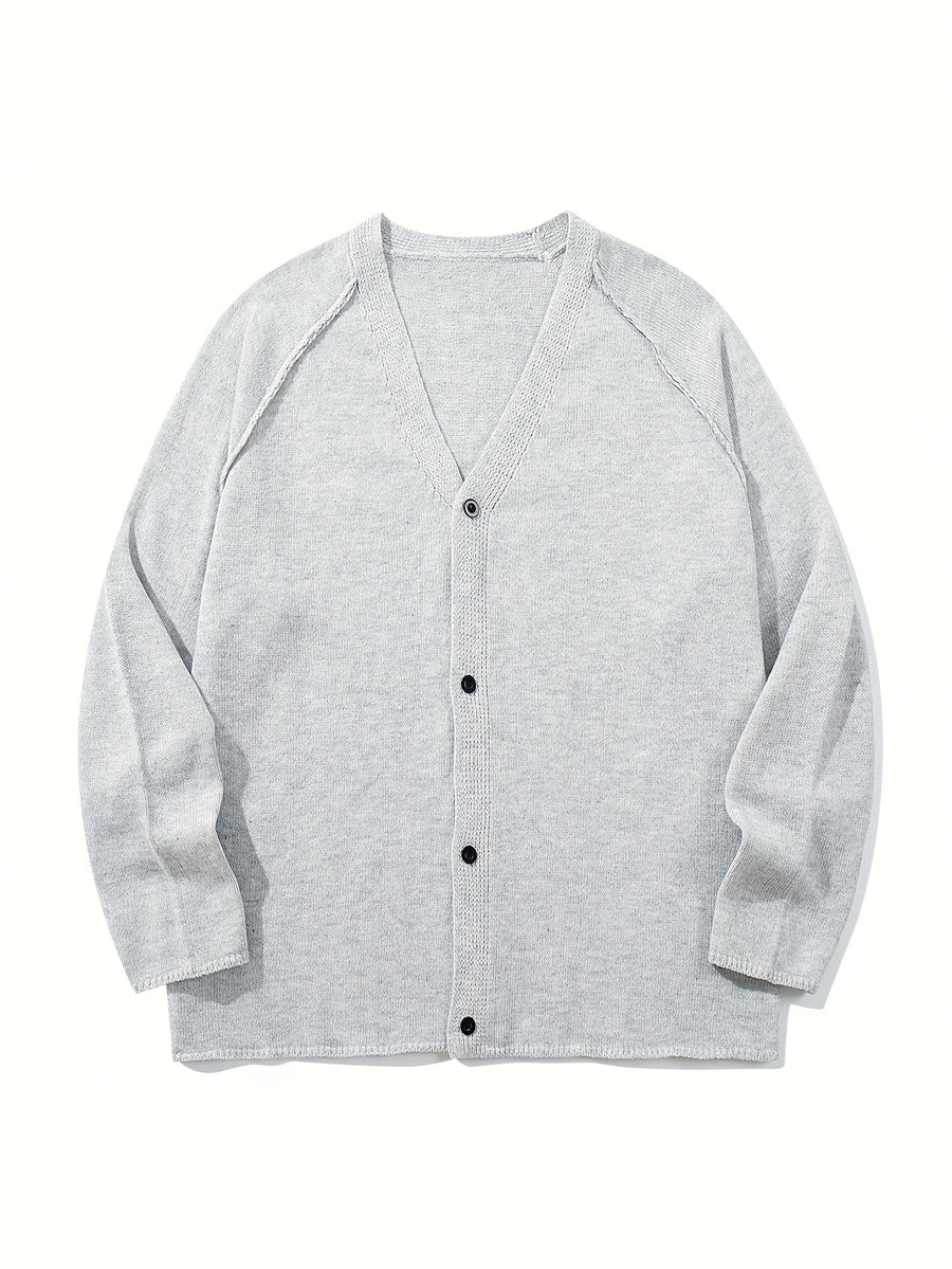 New Men's Casual Loose V-Neck Sweater, Button-Up Simple Solid Color Hand-Knitted Unisex Long Sleeve Fabric Cardigan Jacket - Grey