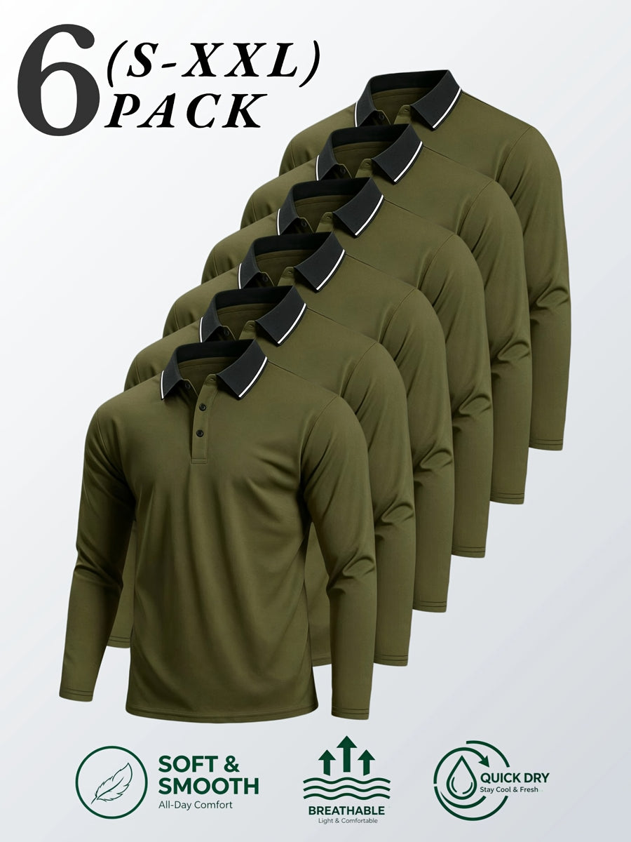 6pcs/Set Striped Lapel Long Sleeve Casual Sports Mesh Quick-Dry Breathable Comfortable POLO Shirt Basic Solid Color - Olive 6