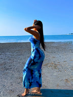 2025 New Style Dress for Women, Featuring a Blue Gradient Floral Print, Sleeveless Design, Long Beach Dress, Perfect for a Sexy Vacation - Blue