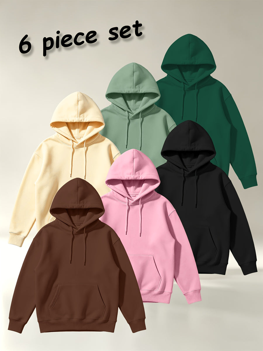 [Villa Joy Water OBM] 6pcs Set Solid Color Basic Hooded Sweatshirt Set Unisex Multi-Color Loose Pullover with Kangaroo Pocket Basic Style Autumn Winter Hoodie Combination - Brown+Pink+Black+Apricot+Light Green+Dark Green