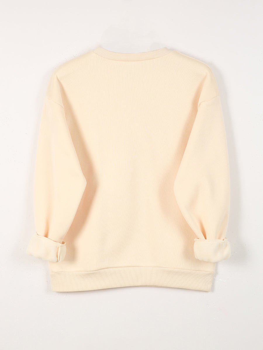 Sanrio Ladies Round Neck Casual Sweatshirt, Cinnamoroll Big Ear Rabbit Pattern Cute Stars Embellished, Fashionable Elegant Everyday Versatile Pullover, Round Neck Pullover Sweatshirt Casual Long Sleeve Fleece Sweatshirt - Apricot