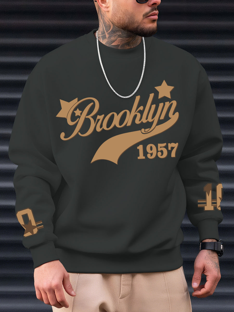 Western Adult Brooklyn 1957 Retro Star Logo Sweatshirt, American Street Oversized Style Heavyweight Texture Men'S Essential, Suitable for Shopping, Gatherings, Outdoor Activities, Daily Commuting, Machine Washable, Autumn Essentials - Dark Gray