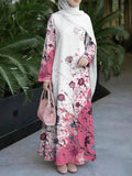 Women's Middle Eastern Style Muslim Elegant Robe, White and Pink Contrast Floral Ink Splash Print Long Gown, Loose Long Sleeves with Flowing Flared Hem, for Prayer, Gatherings, and Daily Outings, Skin-Friendly and Breathable Non-Embroidered Craft - Mixed colors