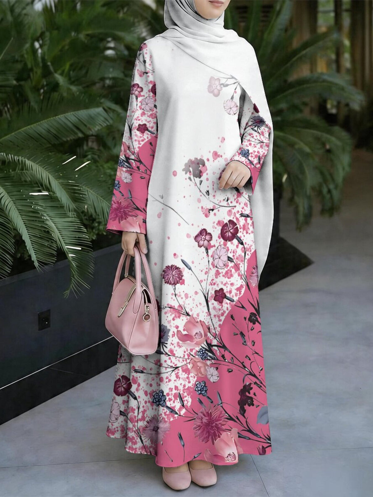Women's Middle Eastern Style Muslim Elegant Robe, White and Pink Contrast Floral Ink Splash Print Long Gown, Loose Long Sleeves with Flowing Flared Hem, for Prayer, Gatherings, and Daily Outings, Skin-Friendly and Breathable Non-Embroidered Craft - Mixed colors