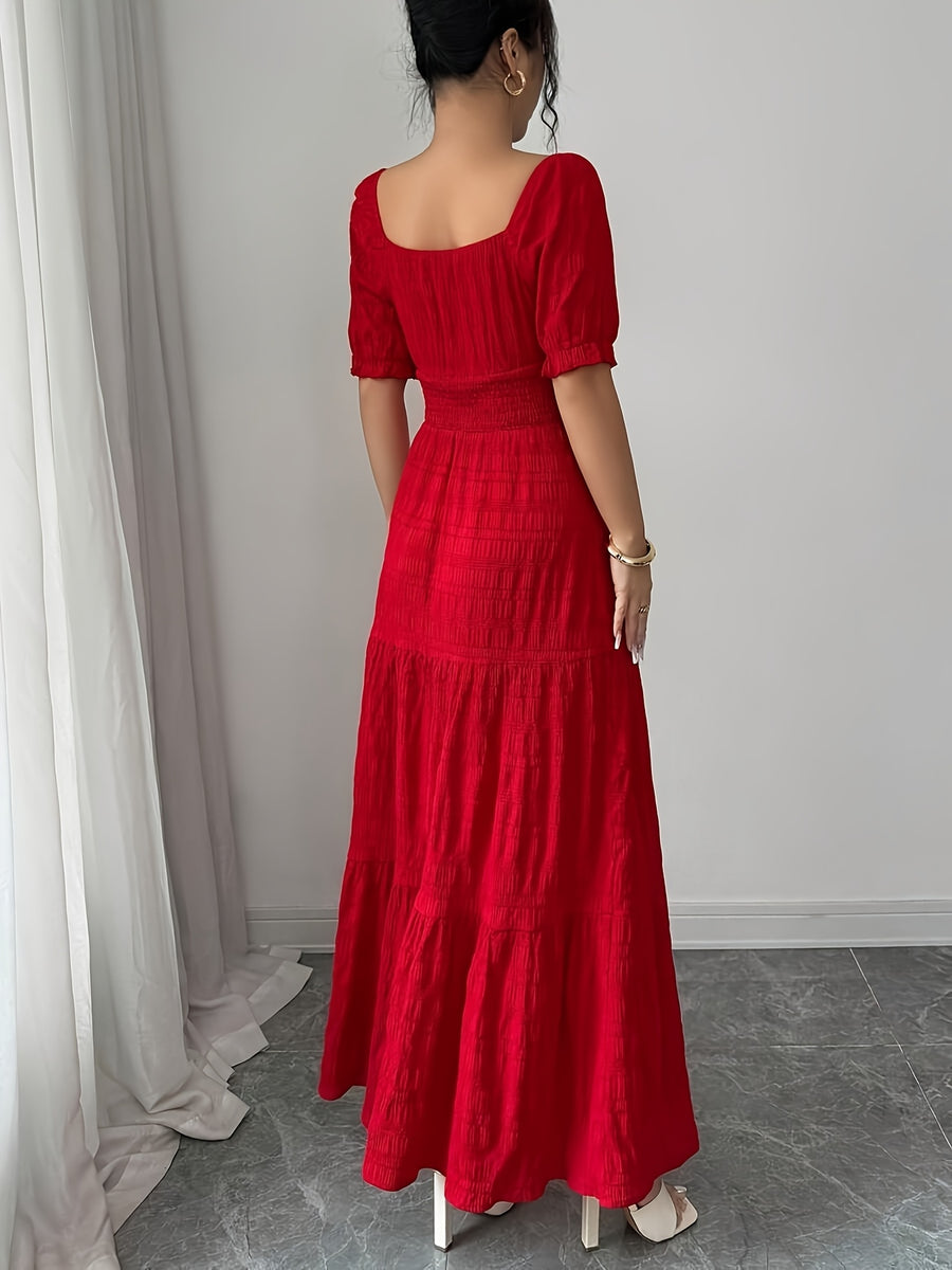 Ladies' Elegant Lace-Trimmed Sleeved Dress with Tie Details, Summer - Red