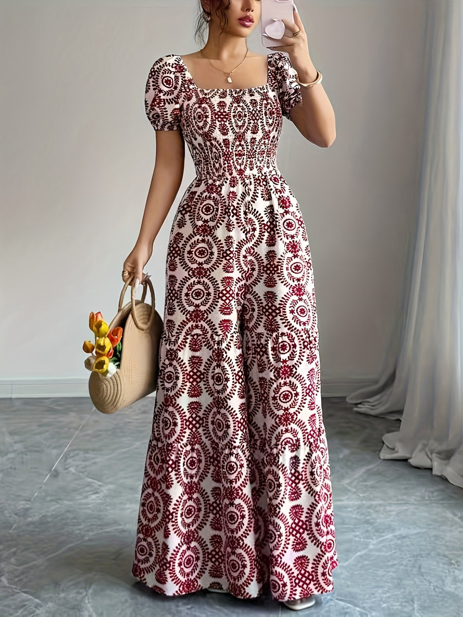 Square Neck Short Sleeve Vintage Floral Print Loose Elegant Wide-Leg Jumpsuit, Vacation Wear, Bohemian - Red