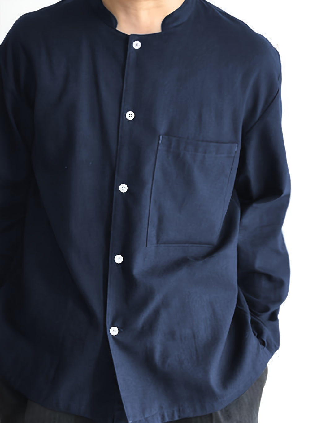 Men'S New Small Lapel Long Sleeve Shirt Top, Classic Navy Easy And Atmospheric, Easy Solid Color Fit All, Comfortable Breathable Fabric, Loose Fit Non-Tight, Suitable for Daily Commute And Home Outings, Easy Style Super Versatile - Navy Color