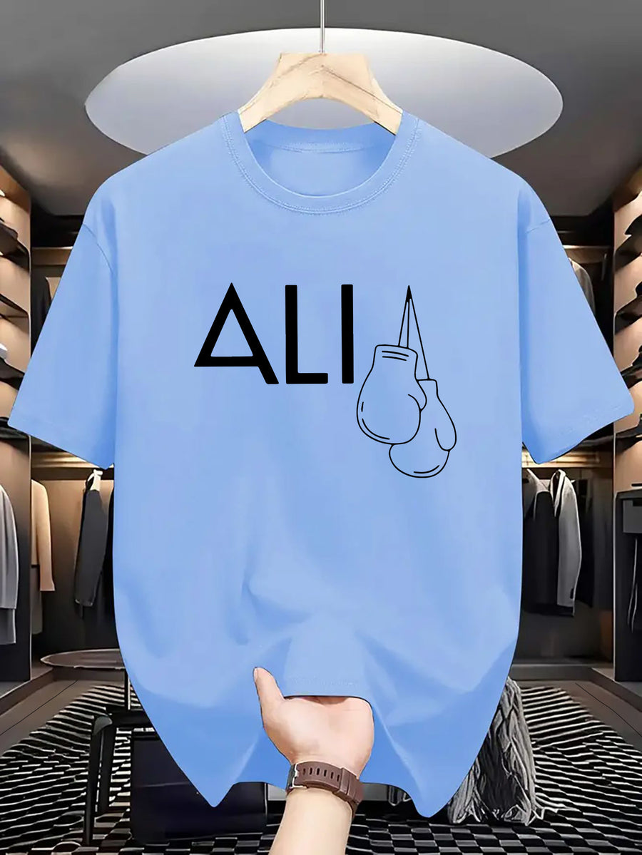 Men's Casual and Fashionable Letter Printed T-shirt, Round Neck Comfortable Polyester Fabric, Suitable for Daily Wear as Fashionable Streetwear, Men's Clothing - Light Blue