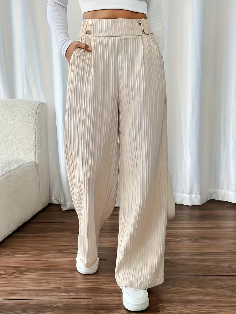 Women's Elegant Wide-Leg Pants with Textured Fabric - Machine Washable All-Season Trousers for Casual & Formal Wear - Apricot