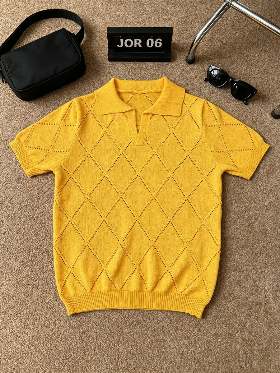 Men's Polo Collar Short Sleeve Knit Shirt, Textured Knit Top, V-Neck Lapel, Breathable Casual Pullover - Yellowish-brown
